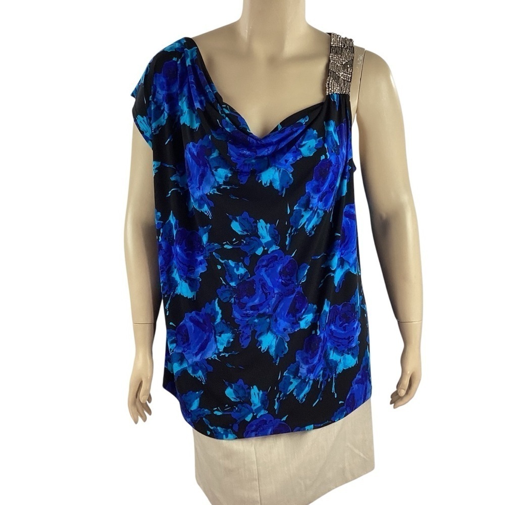 Lane Bryant Blue Floral Beaded Shoulder Cowl Neck Blouse 22/24